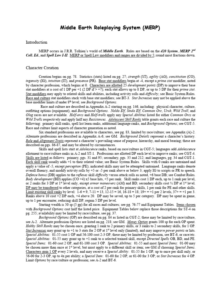 MERP Character Creation Guide | PDF | Middle Earth