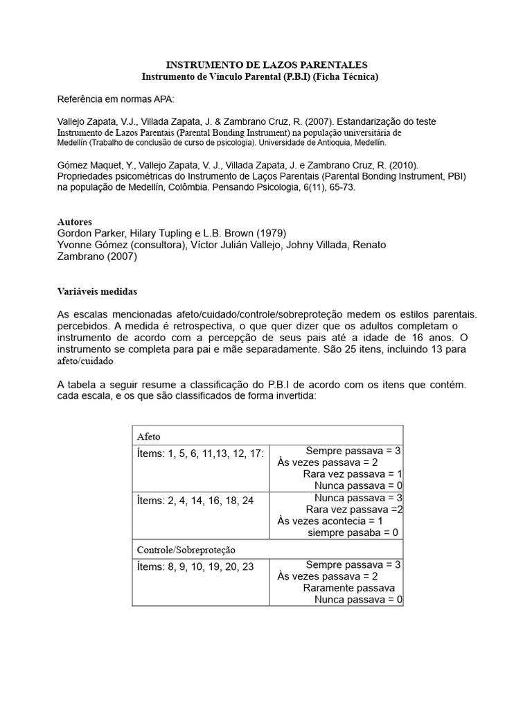 Instrumento de Lazos Parentais PBI | PDF