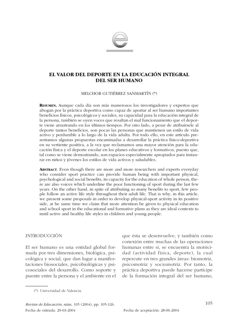 Valor del Deporte en la Educación Integral | PDF | Deportes | Adultos