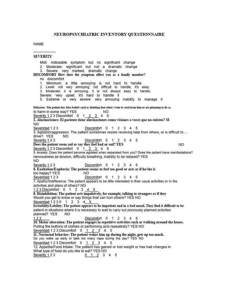 Neuropsychiatric Inventory Questionnaire | PDF | Anxiety | Psychology
