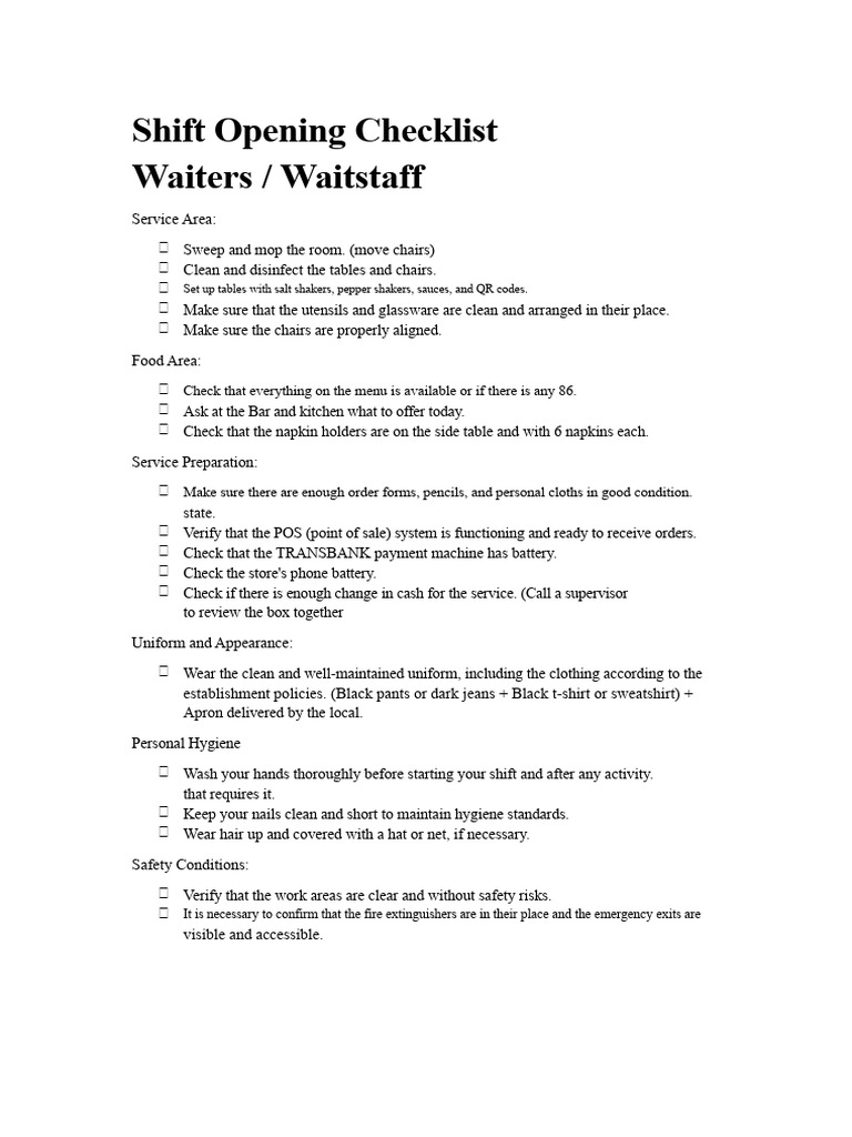 Waitstaff Shift Opening & Closing Checklist | PDF | Waiting Staff ...