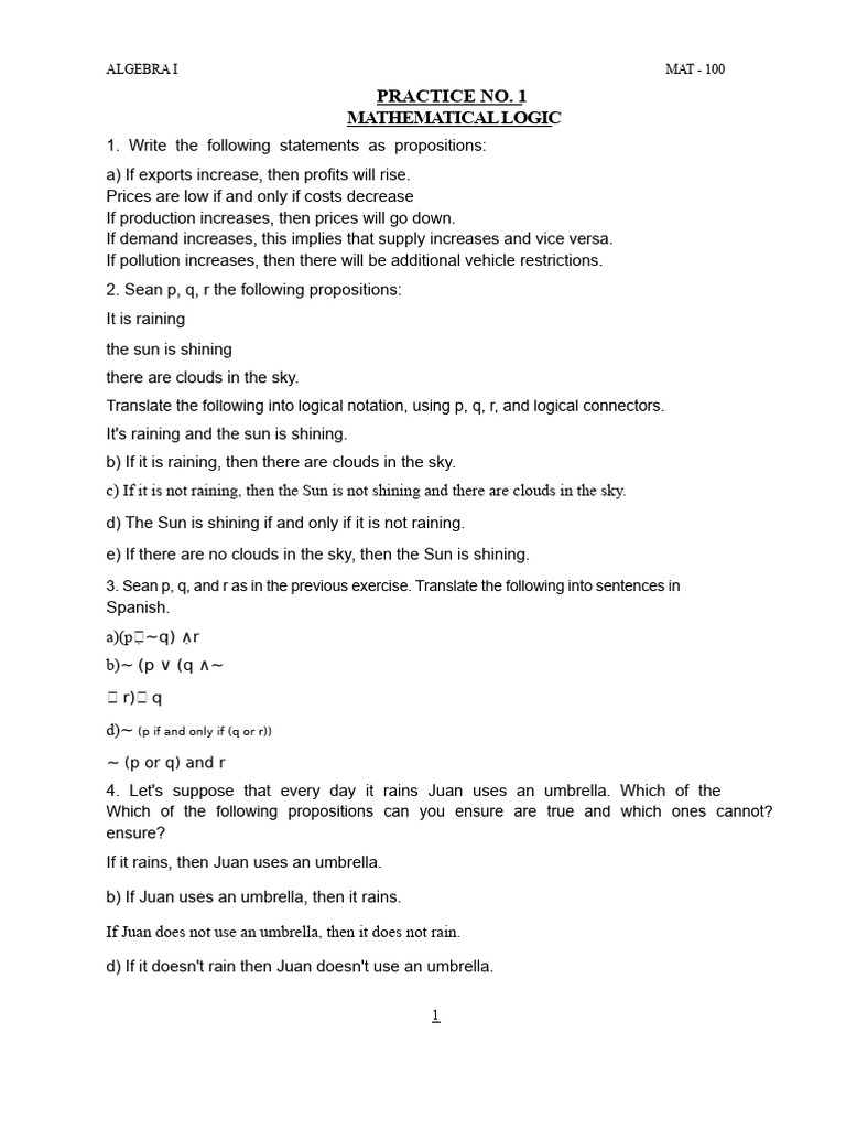 Algebra I: Propositions and Logic Exercises | PDF | If And Only If | Logic