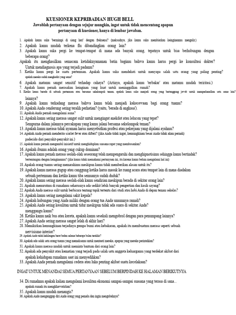 Kuesioner Kepribadian Hugh Bell | PDF