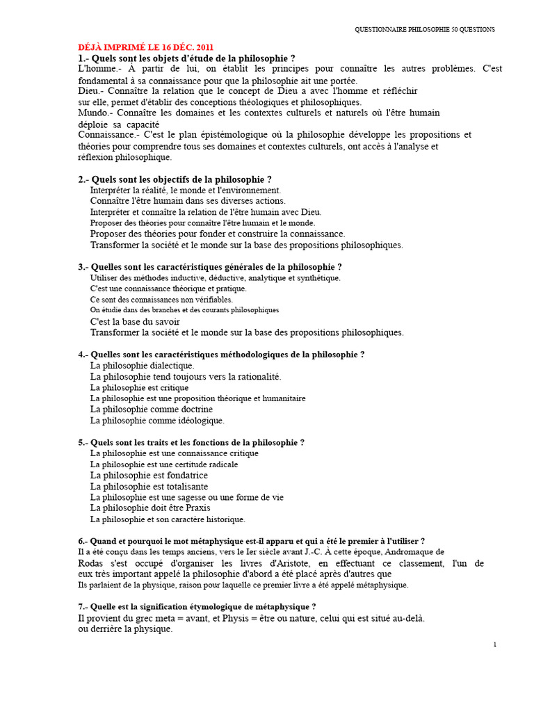 Questionnaire de Philosophie : 50 Questions | PDF | Épistémologie ...