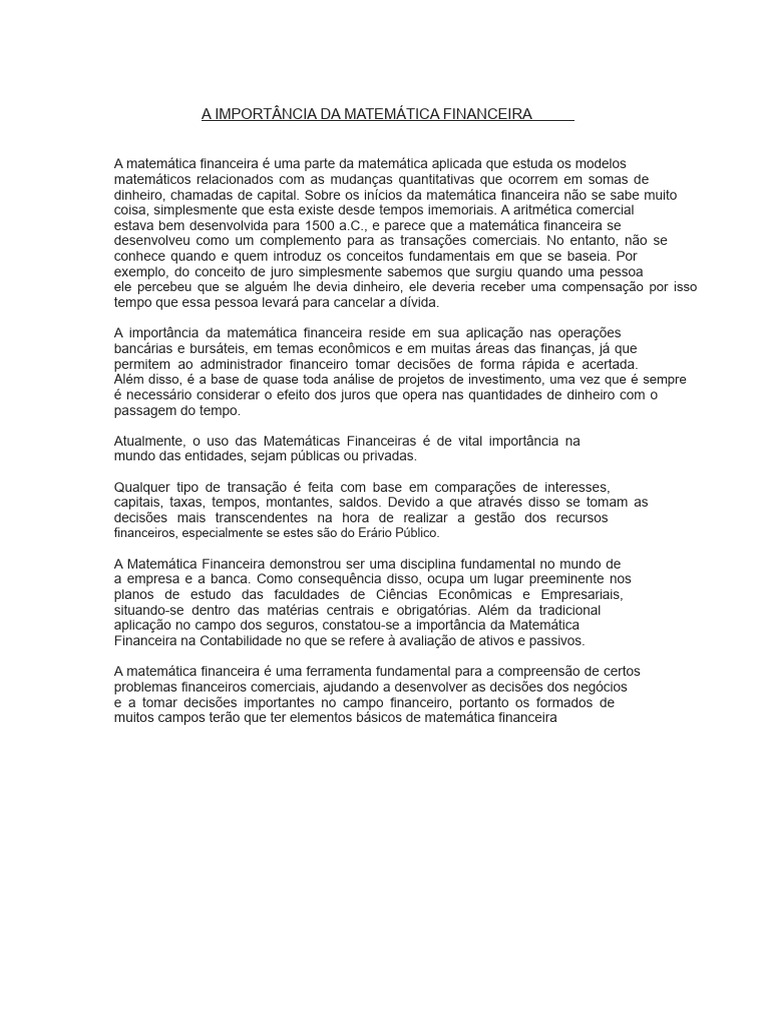 A Importância Da Matemática Financeira | PDF