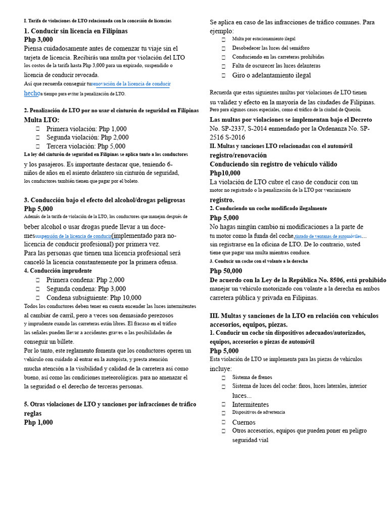 Multas LTO en Filipinas: Tarifas y Sanciones | PDF | Tráfico | Licencia ...