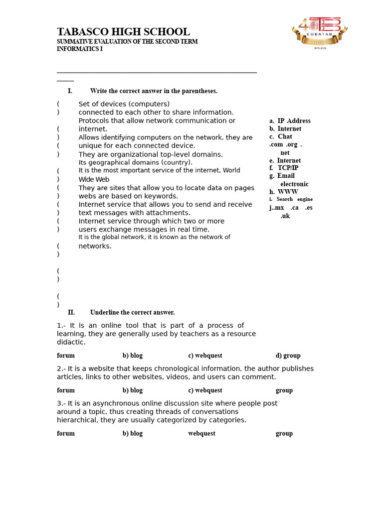 Informatics I Second Term Evaluation | PDF | Internet | Computer Network
