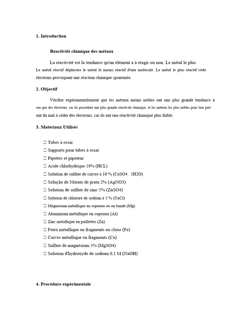Réactivité chimique des métaux expérimentée | PDF | Cuivre | Métaux