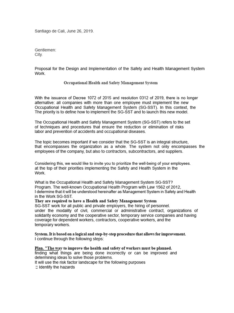 SG-SST Implementation Proposal 2019 | PDF | Occupational Safety And ...