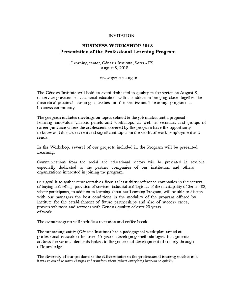 Gênesis Institute Business Workshop 2018 | PDF