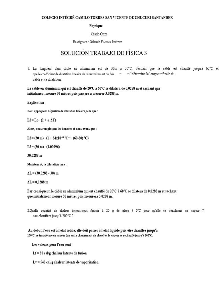 Calculs de chaleur et dilatation thermique | PDF | Enthalpie de ...
