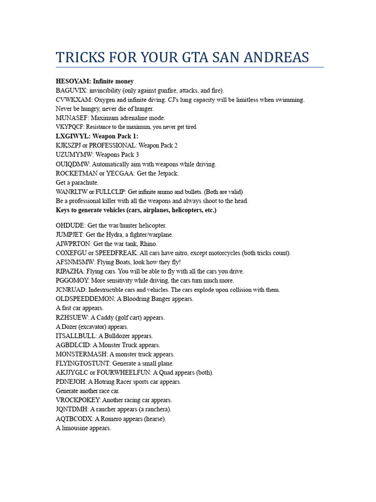 GTA San Andreas Cheat Codes Guide | PDF | Traffic | Transport