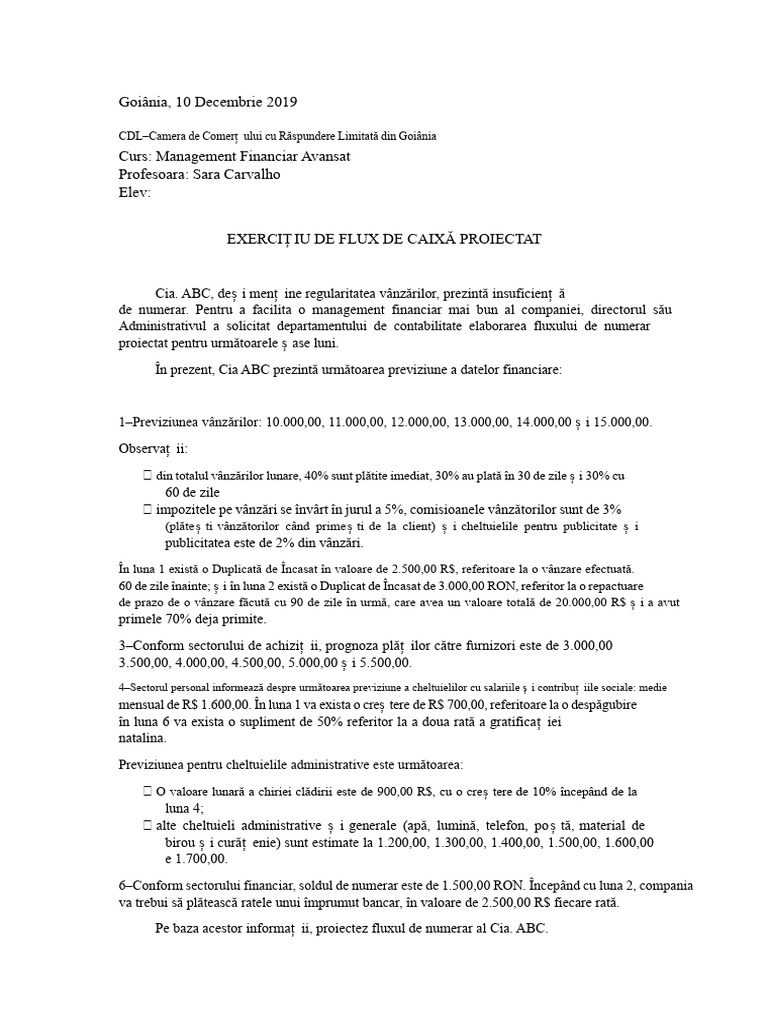 Exercițiu de Flux de Numerar Proiectat | PDF