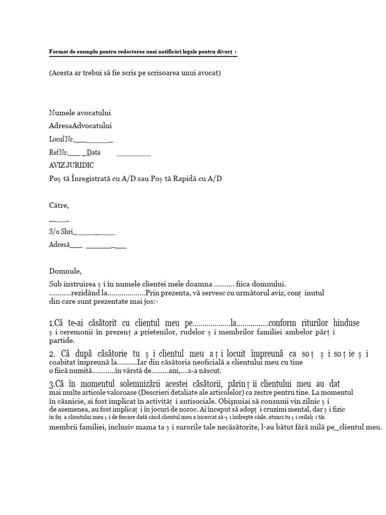 Format de Exemplu Pentru Notificare Legală de Divorț | PDF