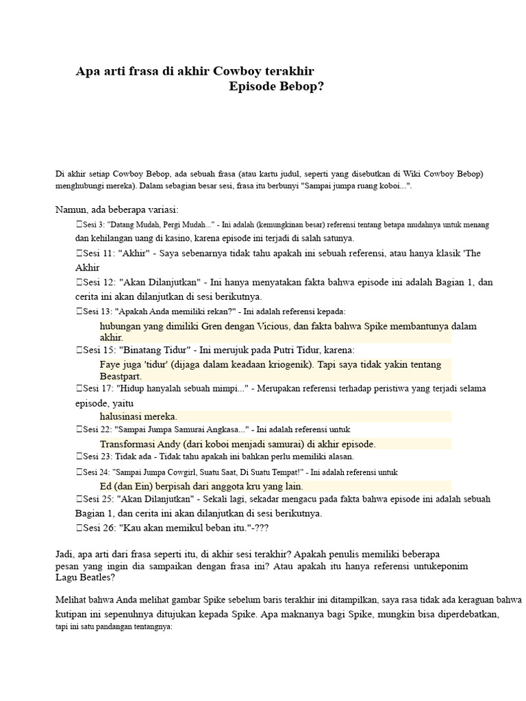 Makna Dari Frasa Di Akhir Cowboy Bebop | PDF