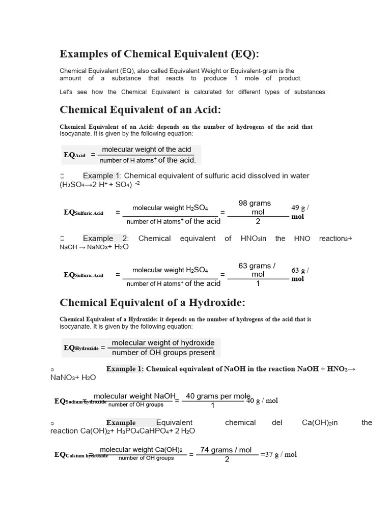 Chemical Equivalents: Definitions & Examples | PDF | Acid | Hydroxide