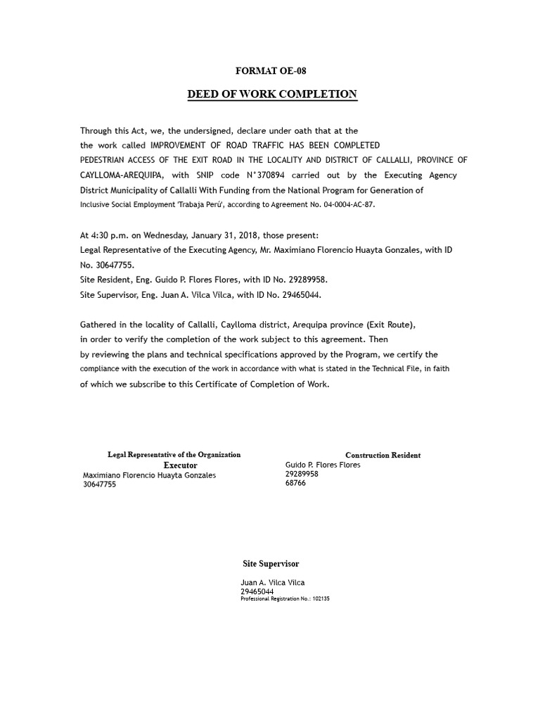 Completion Certificate for Road Improvement | PDF