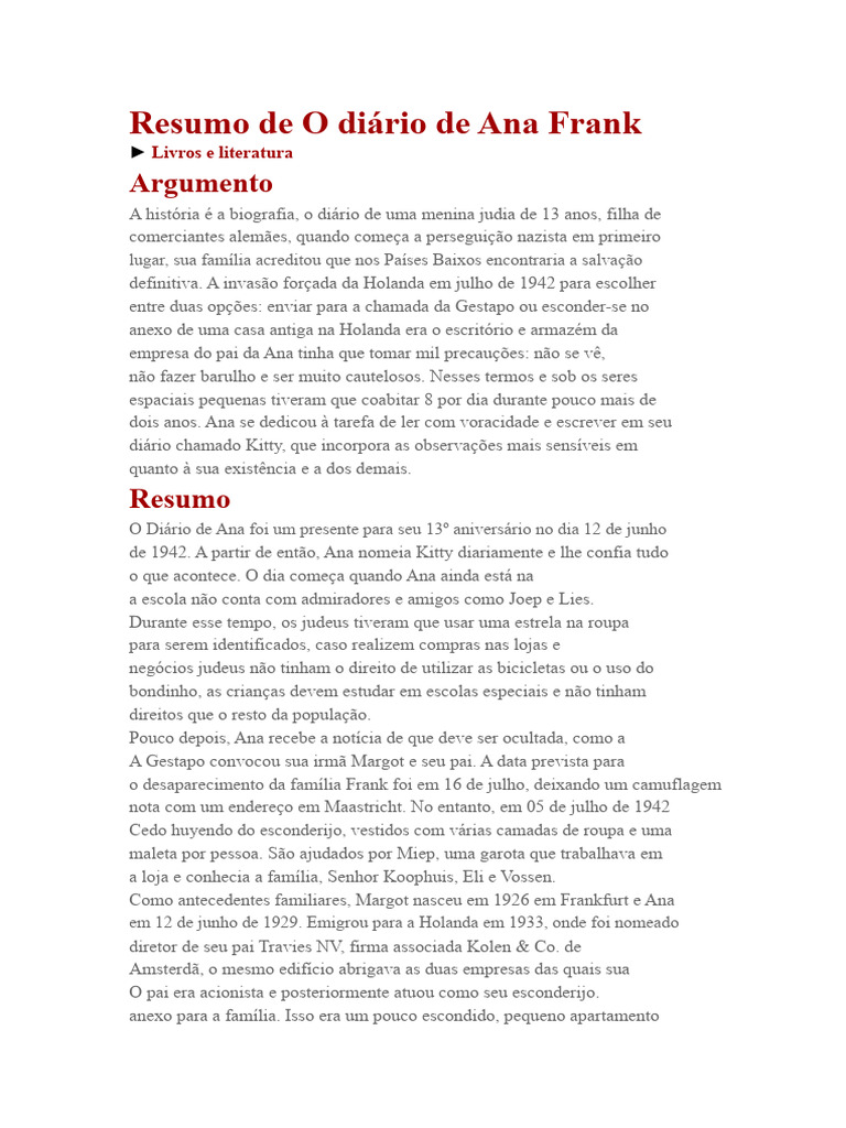Resumo de O Diário de Anne Frank | PDF | Amor | Holanda