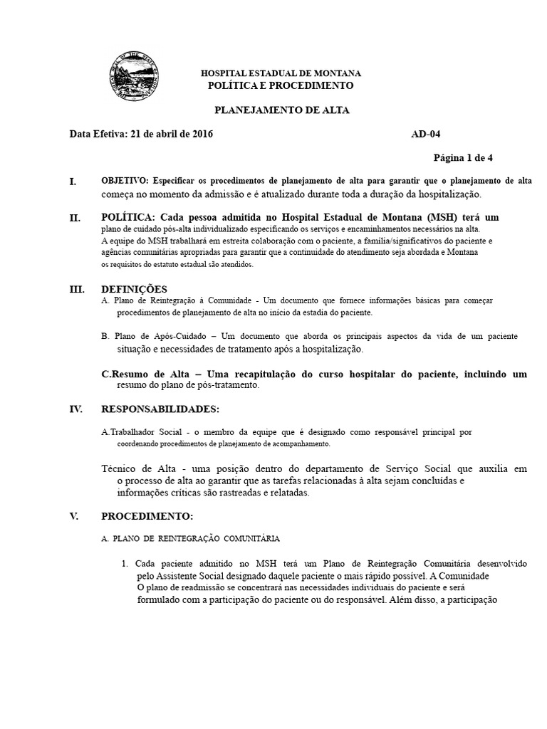 Planejamento de Alta Hospitalar | PDF | Enfermagem | Psiquiatria