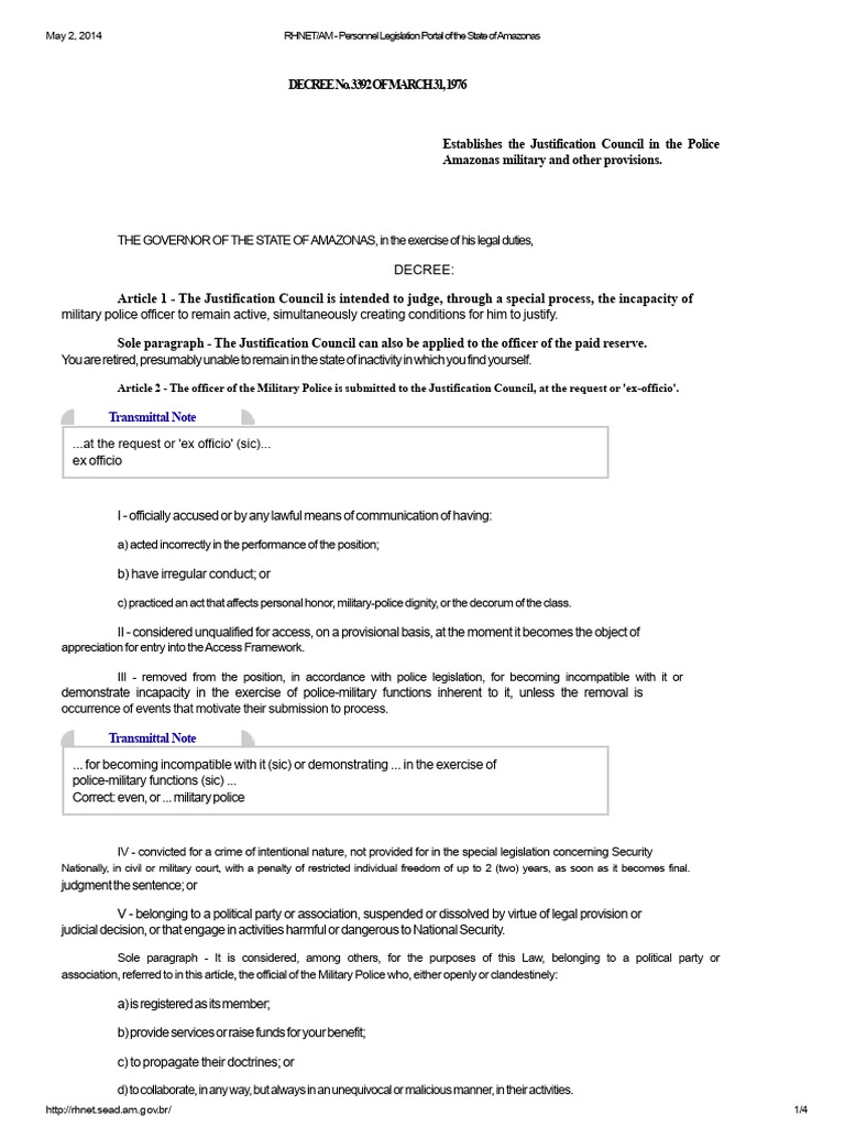 Amazonas Police Justification Council Decree | PDF | Military Justice ...