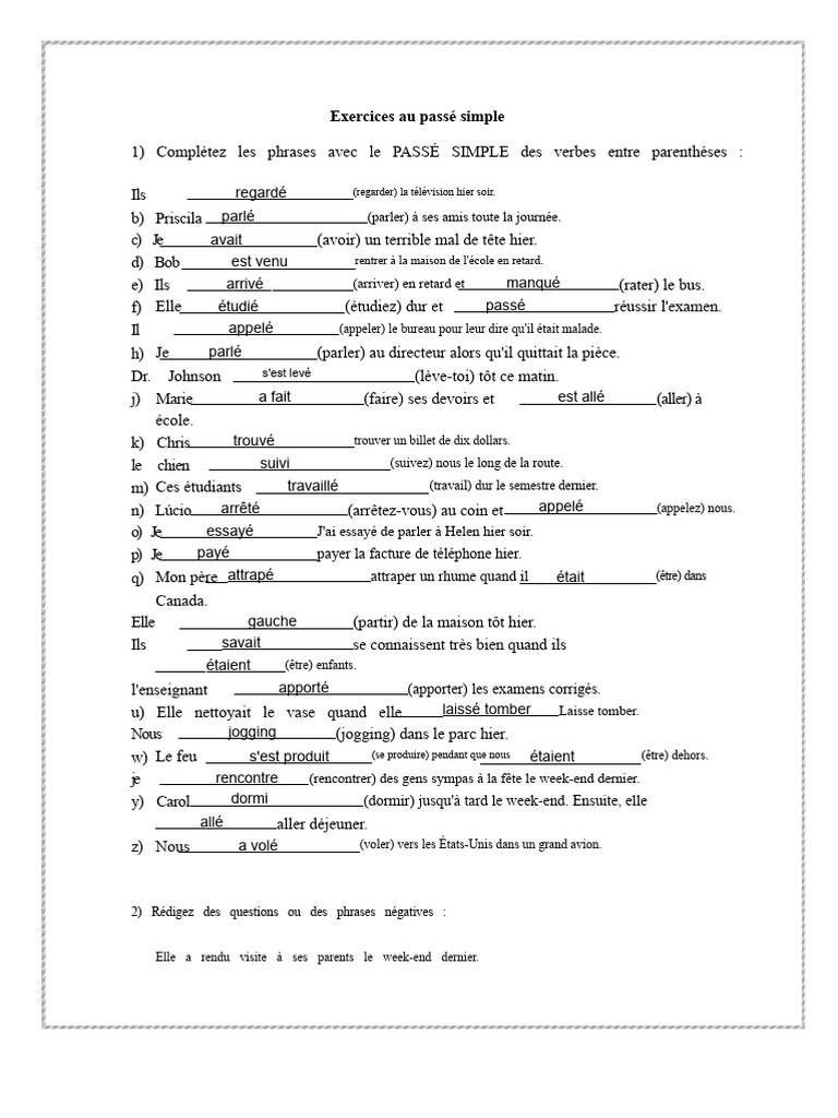 Exercices de conjugaison au passé simple | PDF