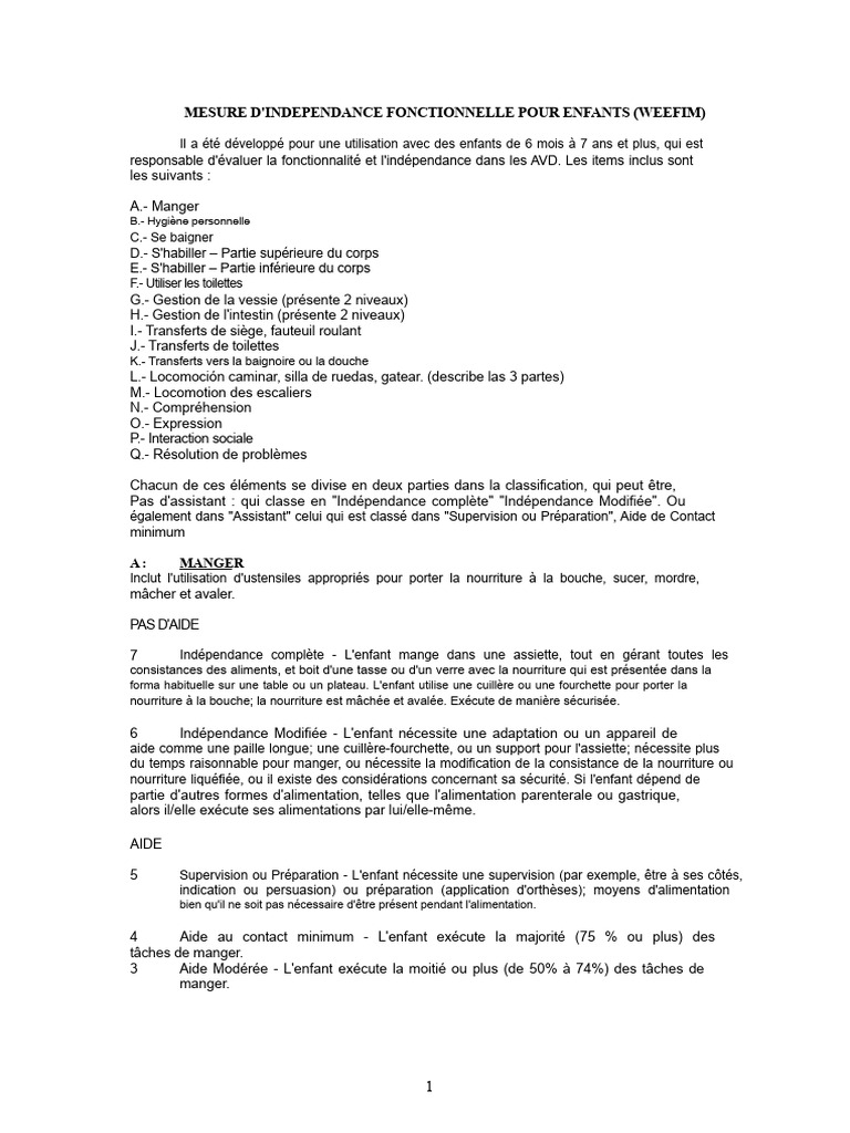 Évaluation WEEFIM de l'indépendance enfant | PDF | Mémoire | Fauteuil ...