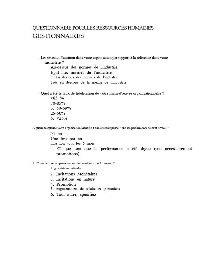 Questionnaire sur la fidélisation des employés | PDF | Gestion des ...