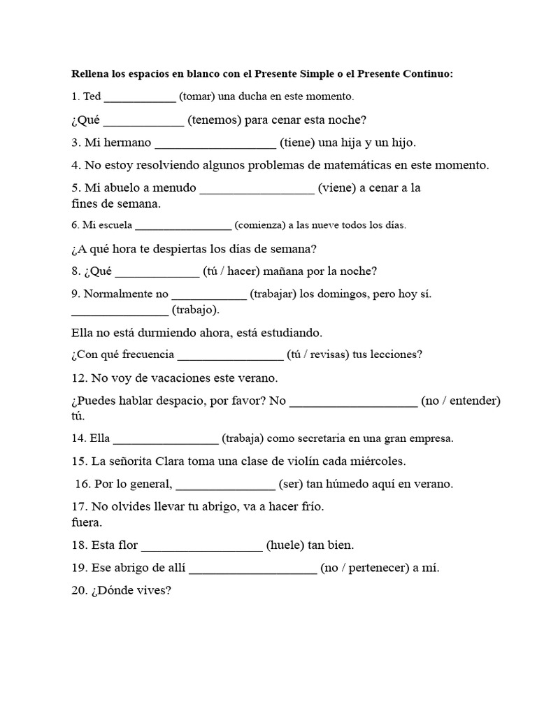 Ejercicios de Presente Simple y Continuo | PDF