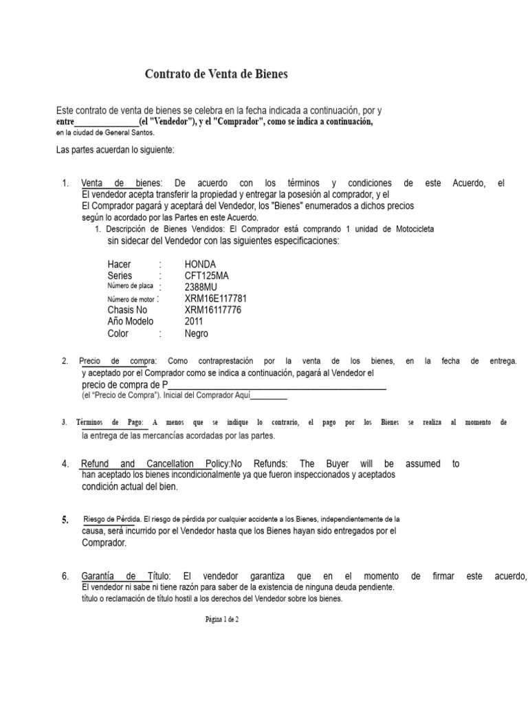 Contrato de Venta de Motocicleta Honda | PDF