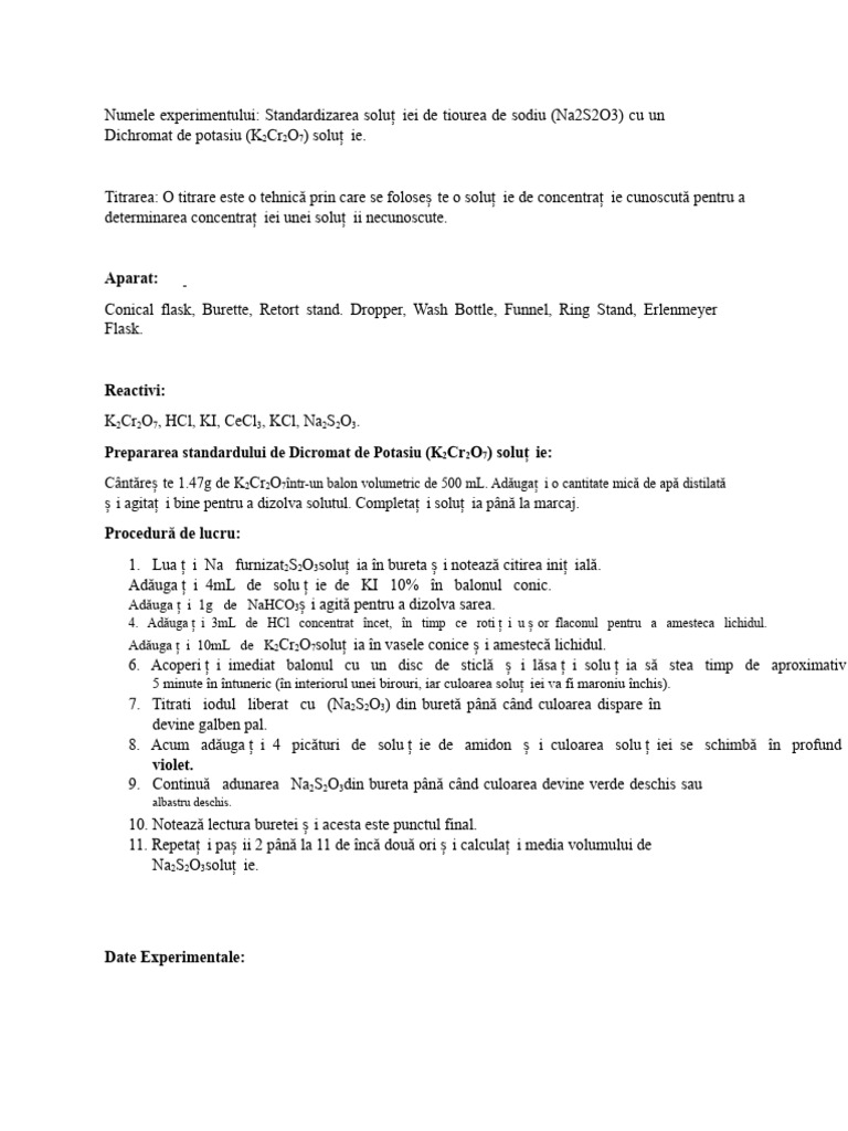 Standardizarea Tiosulfatului de Sodiu N | PDF