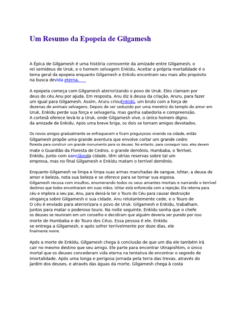 Resumo da Epopeia de Gilgamesh | PDF