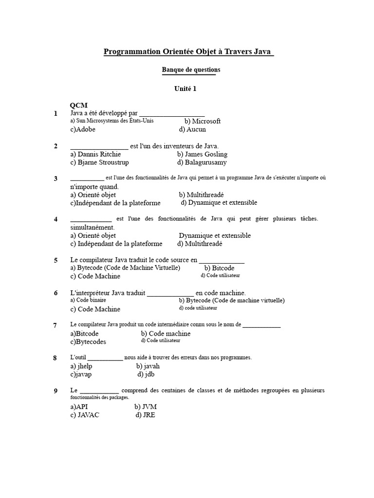 Questions sur la Programmation Java OOP | PDF | Java (Langage de ...