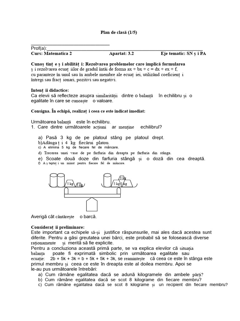 Plan de Lecție Pentru Rezolvarea Ecuațiilor de Gradul Întâi | PDF