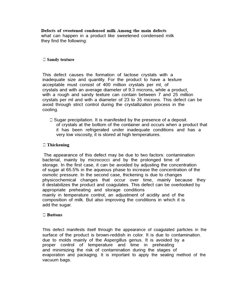 Defects in Sweetened Condensed Milk | PDF | Milk | Materials
