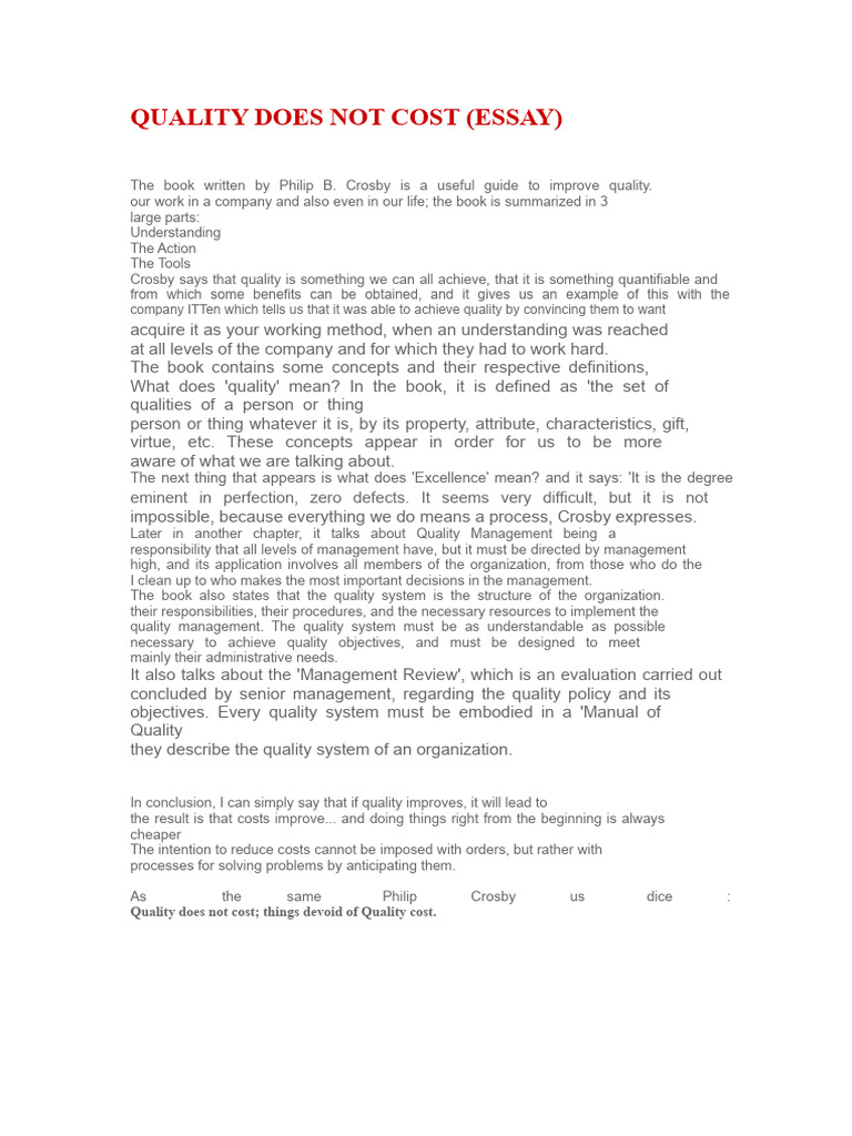 Quality Does Not Cost SUMMARY PDF Quality Management Evaluation Quality Does Not Cost SUMMARY PDF Quality Management Evaluation