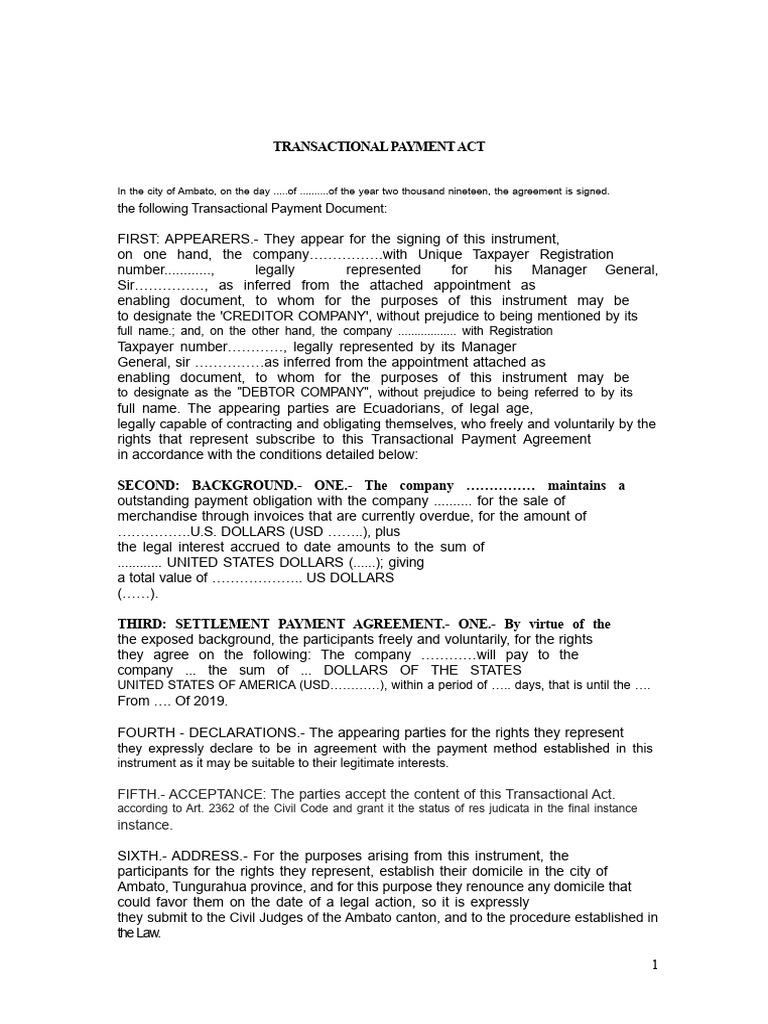 Transactional Payment Agreement 2019 | PDF | Payments | Common Law