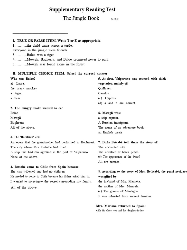 Jungle Book Reading Comprehension Test | PDF | Baloo | Bagheera