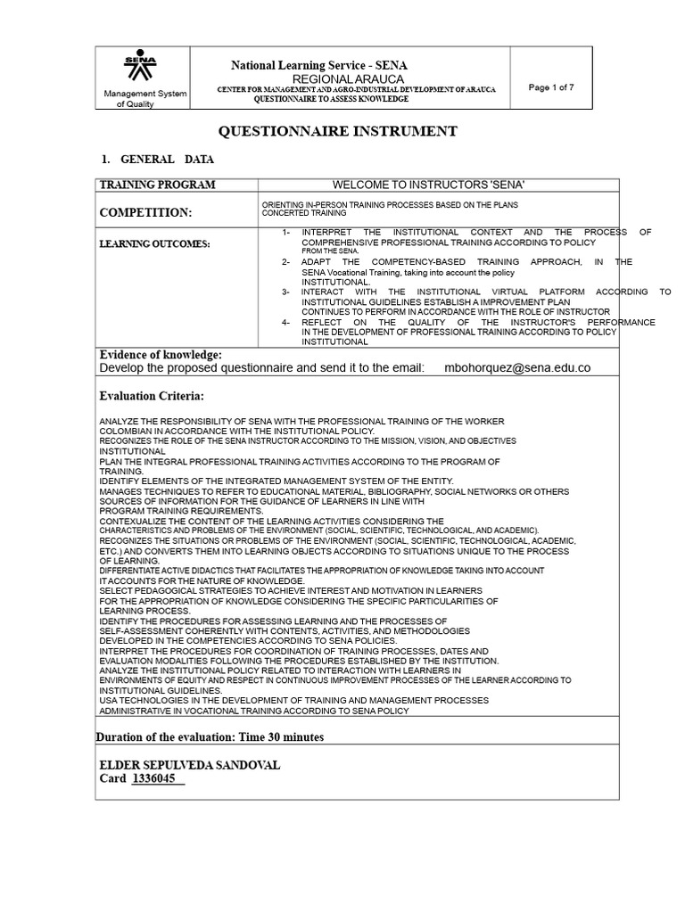 Sena Questionnaire Instrument | PDF | Learning | Vocational Education
