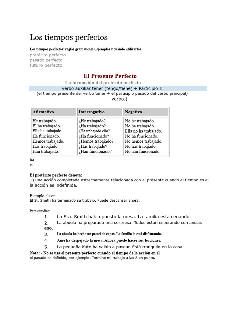 Guía de Tiempos Perfectos en Español | PDF | Verbo | Mecánica del lenguaje