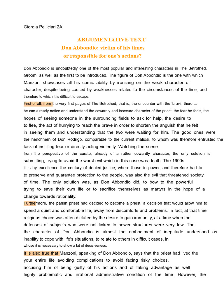 Argumentative Text, Character Analysis of Don Abbondio | PDF