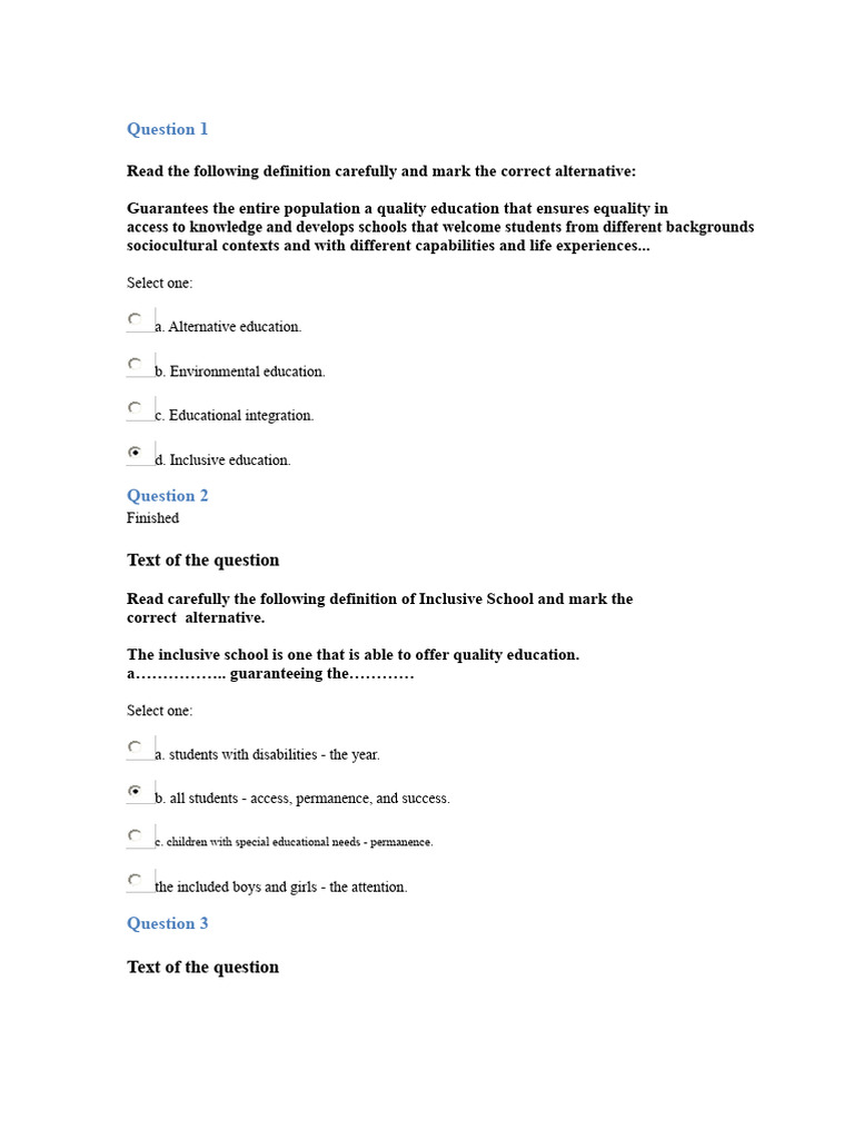 Inclusive Education Assessment Questions | PDF | Inclusion (Education ...