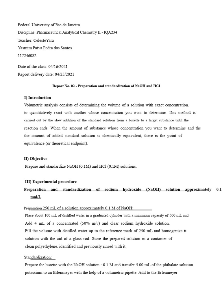NaOH and HCl Standardization Report | PDF | Titration | Chemistry