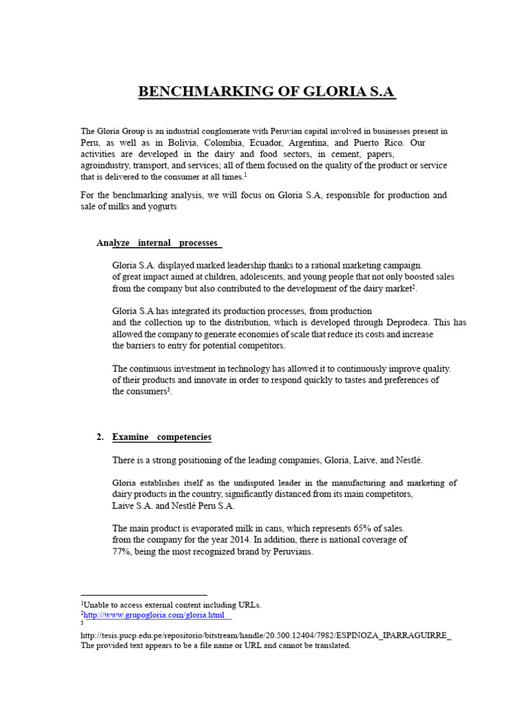 Benchmarking of Gloria S | PDF | Marketing | Milk