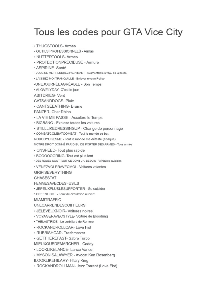 Codes de triche pour GTA Vice City | PDF