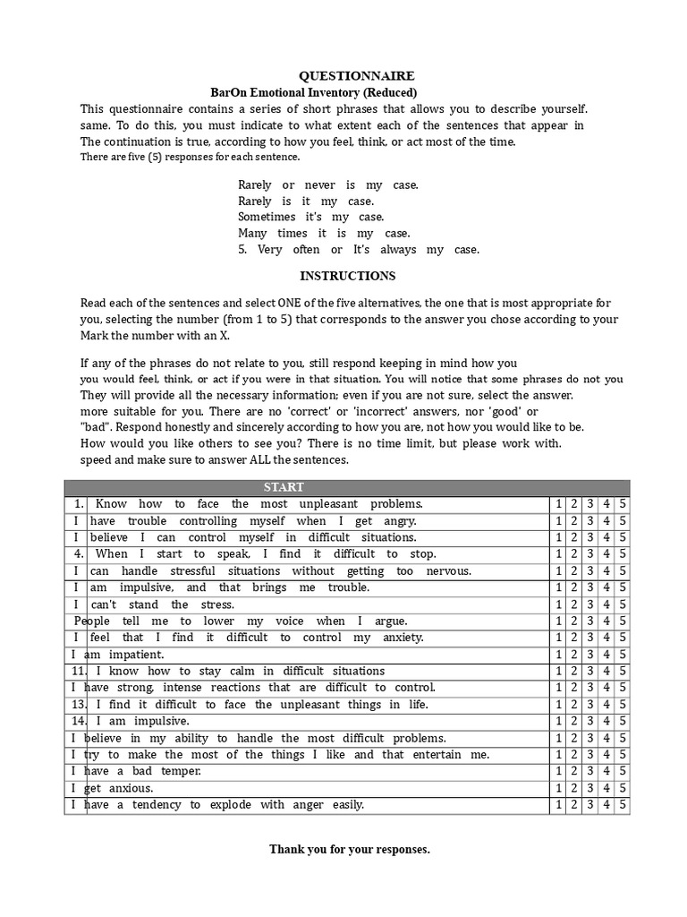 BarOn-ICE Reduced Questionnaire For Stress Tolerance | PDF | Self ...