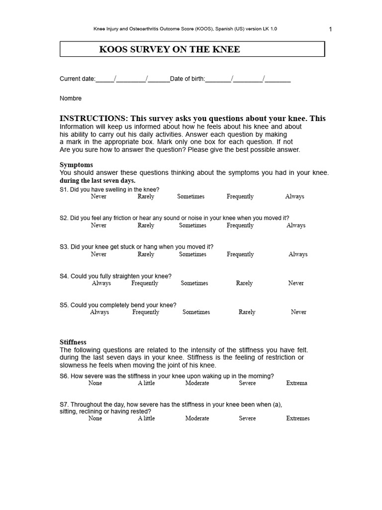 KOOS Knee Survey in Spanish (US) | PDF | Knee | Osteoarthritis