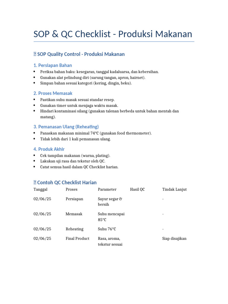 SOP dan Checklist QC Produksi Makanan | PDF