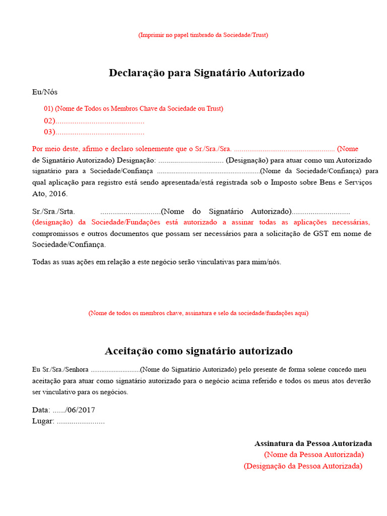 Declaração de Signatário Autorizado | PDF