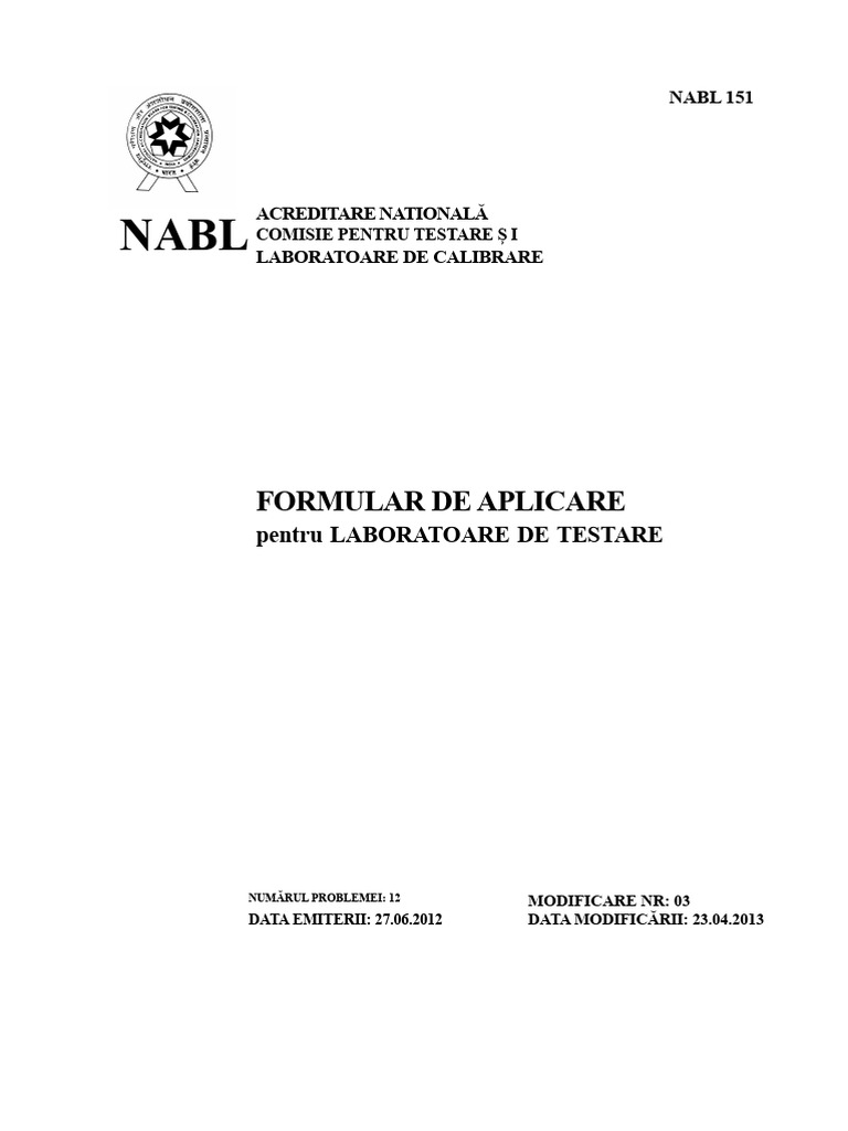 NABL 151 - Formular de Aplicare Pentru Laboratoare de Testare | PDF