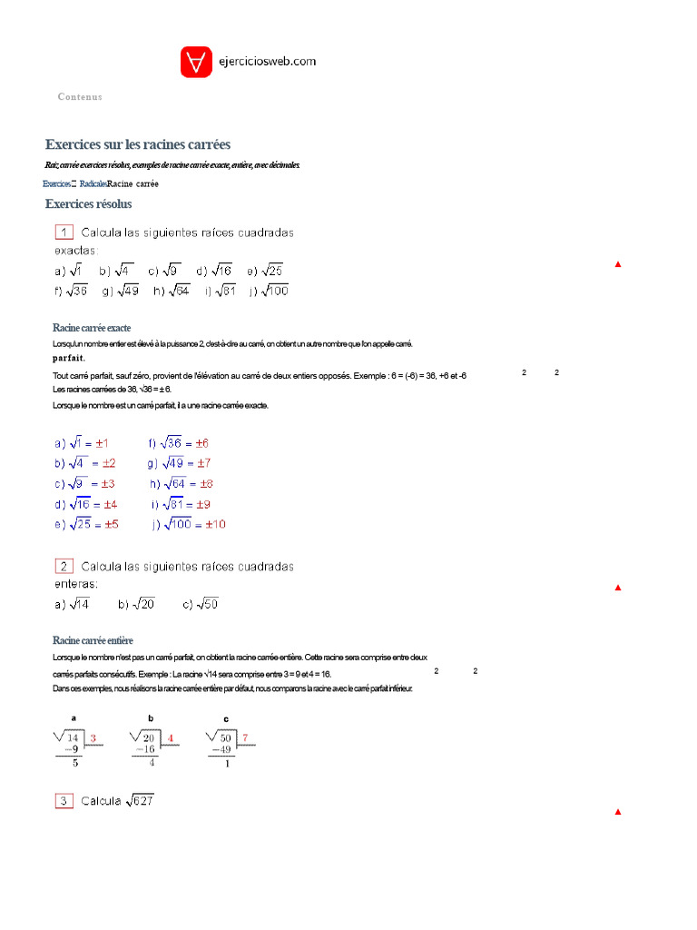 Exercices sur les racines carrées | PDF | Racine carrée | Objets ...